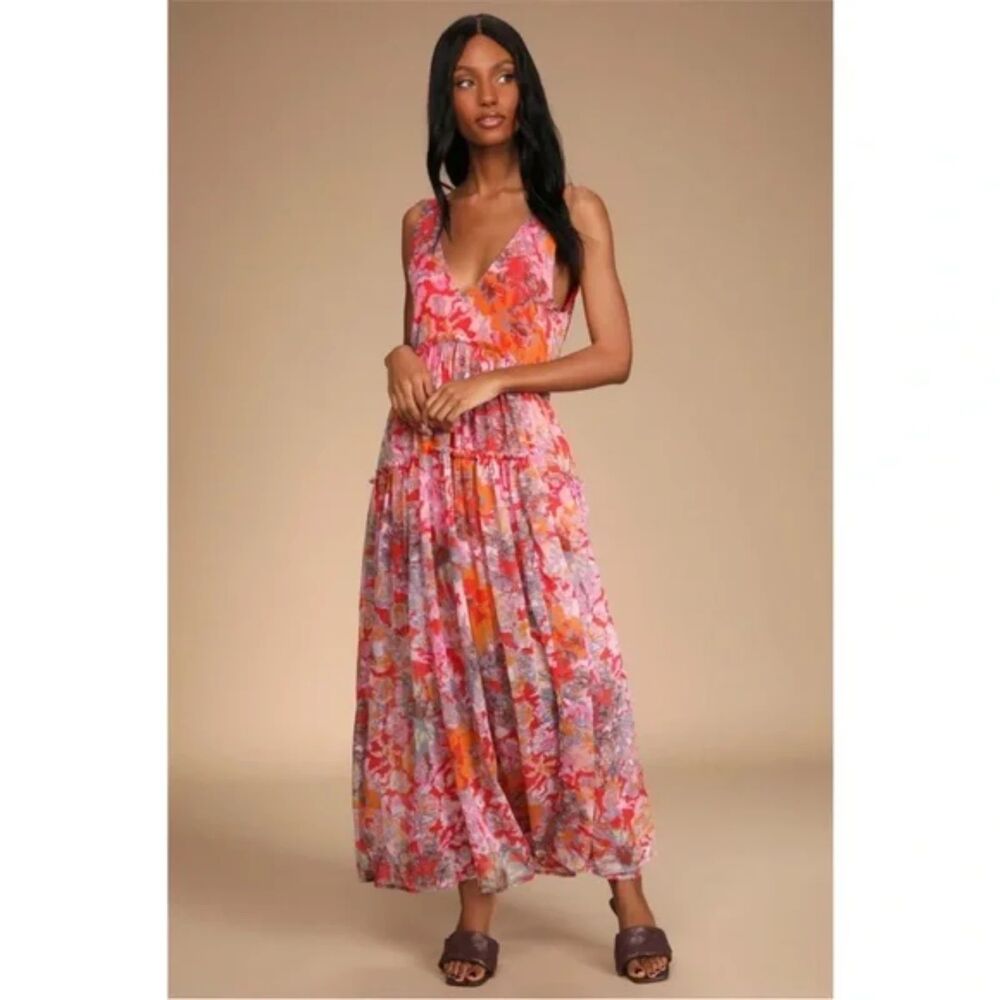 Free People Julianna Tiered Maxi Dress Women L Red Sheer Overlay Airy Boho Fairy